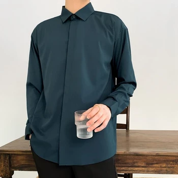 Korejski Modi Nove Zavesa Srajce za Moške Barva Dolg Rokav Ledu Svile Smart Casual Udobno Gumb Gor Majico