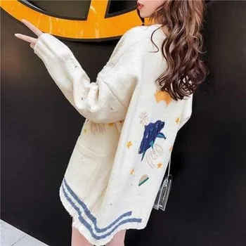 Pleteno Jopico Ženske Pulover 2020 Ženski Jeseni, Pozimi Svoboden Vezenje Prevelik Toplo Korejski Suknjič Risanka Oblačila