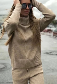 Ženska, ki bo ustrezala turtleneck plesti pulover in hlače 2020 novo kašmir šport in visoko kakovostne modne dva kosa elastični pas