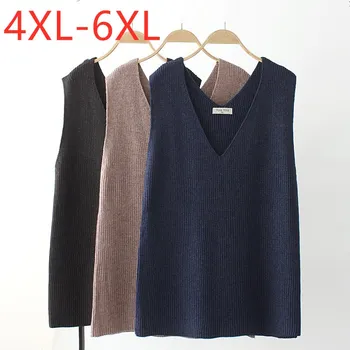 Nove ženske jeseni, pozimi plus velikost pulover plesti vrhovi tank za ženske velika brez rokavov bombaž modra v vratu jopica telovnik 4XL 5XL 6XL