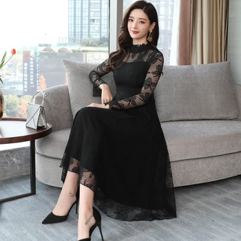2021 Korejske Ženske Elegantne Bodycon Roza Obleko Stranka Priložnostne Vzletno-Pristajalne Steze Vestidos Jeseni, Pozimi Novo Vintage Black Seksi Čipke Midi Obleke