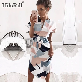 HiloRill 2020 Poletje Oblačenja Žensk Priložnostne Proti-vrat Geometrijske Tiskanja Plaža Obleko Eleganten Stranka Obleke, Ženski Sundress Vestidos Oblačilih