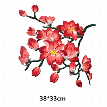 Rdeča Magnolija Cvet Vezenje Obliži Nalepke za Oblačila Parches Para La Ropa Aplicirano Vezenje Cvet Obliži