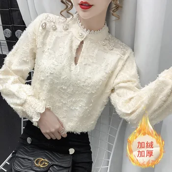 Moda za ženske lace majica 2020 jeseni in pozimi nov debel temperament čipke pearl gumb luč rokav vrh