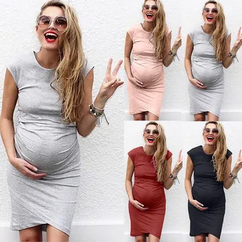 2020 Obleka Za Nosečnice Nosečnostjo Ženske Moda Barva Brez Rokavov Porodniškega Pregnat Udobno Midi Obleke Ženske