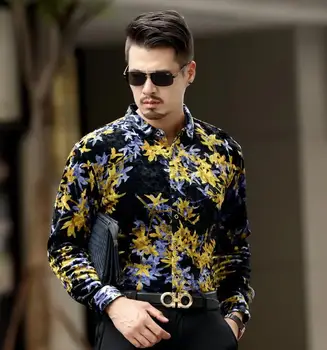 Luksuzni Moških je Pozimi Toplo Debele Majica Cvetlični Priložnostne Flanela Žametno Mehko Dolg Rokav Slim Moško Obleko Majice