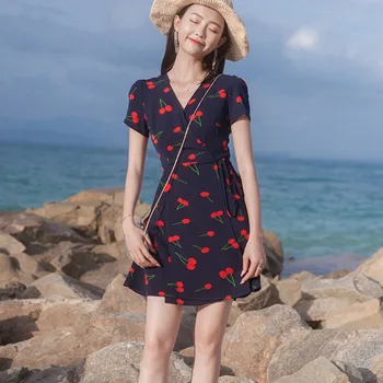 Boho Žensk Plaži Sundress Elegantno Cvetlični Obleka za Poletne Počitnice V-neck Mini Obleka Visoko Pasu Čipke-up Obleke