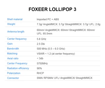 Foxeer Lollipop 3 5.8 G Antena RHCP SMA RPSMA UFL MMCX MINI FPV Antena 2.5 uporabnike interneta za FPV Dirke Brnenje Quacopter RC Model