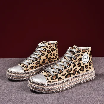 Ženska Pomlad Leopard tiskanja Platno Modne Superge Nosorogovo bleščica ravno Divje ženske čevlje Mladine športna obutev Plus Velikost 35-43