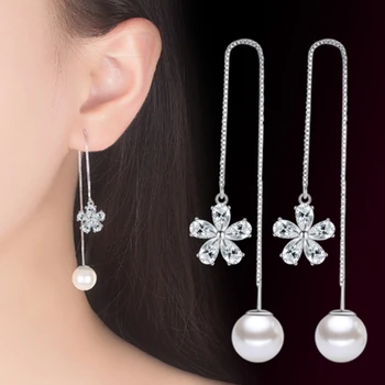 Ženska moda in ženske blagovne znamke srebrni nakit razkošje pearl elegantno dolgo uho skladu tassel Spusti Uhani temperament preprosta ženska ušesa line