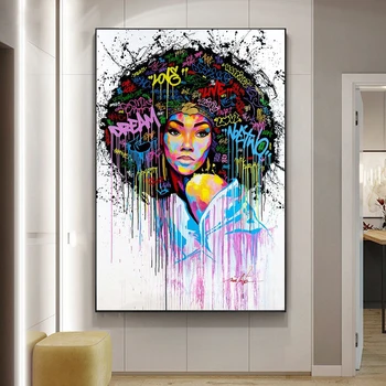 Afriško Črno Žensko Grafiti Umetnost Platno Plakati in Črna Dekleta Olje Abstraktnih Slik, Fotografij Wall Art Slike za dnevno Sobo