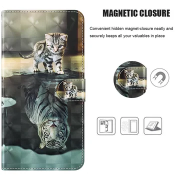 3D Mačka Tiger Usnje Knjiga Primeru za Huawei P40 P30 P20 Pro Lite Čast 9 10 20 Lite Mate 20 Lite Y5 Y6 Y7 2018 2019 Pokrov ležišča