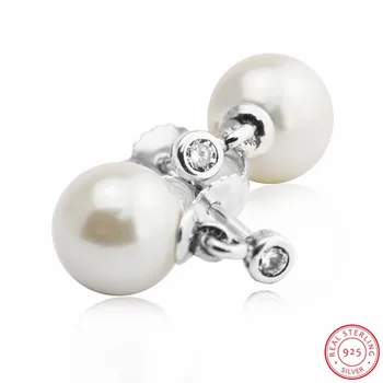 Materinski Dan Darilo Priljubljena 925 Sterling Silver White Pearl & Clear CZ Svetlobna Eleganco Stud Uhani za Ženske, Nakit FLE061