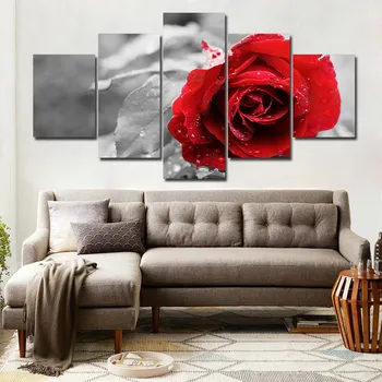 Platno Slikarstvo Modularni 5 Kosov Rdečih Makovih Cvetov Sliko Rose Plakati Wall Art za Dnevna Soba Dekoracijo Doma