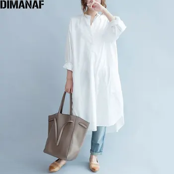 DIMANAF Ženske Bluzo Plus Velikost Jeseni Bombaža Dolgo Bluzo Trdna O-Vratu Split Priložnostne Moda Svoboden White Elegantna Ženska Bluza