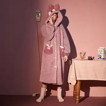 Ženske Pižame Hooded Nightgown Plišastih Coral Runo Sleepwear Ženske Jesen in Zimo Domov Oblačila Risanka Raca Zgostitev Pijama