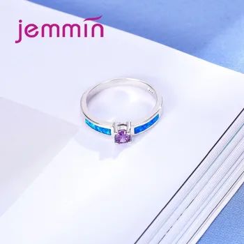 Eleganten Ozek Obroč Pravokotnik Modra Opal Vijolični Kristal Obroč Združljiv Bijoux 925 Sterling Srebrni Poročni Nakit