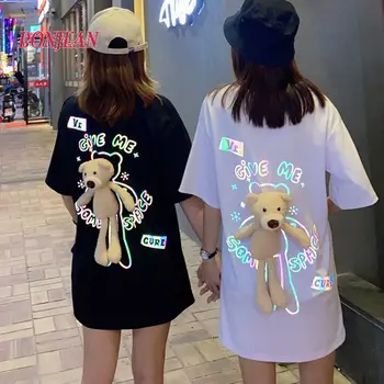 Žensk, Otrok Harajuku Hip Hop Ins Reflektivni Nazaj korejski Medved T-shirt 2020 Poletje Svoboden Mid-dolžina Kratek Sleeve Zgornji del