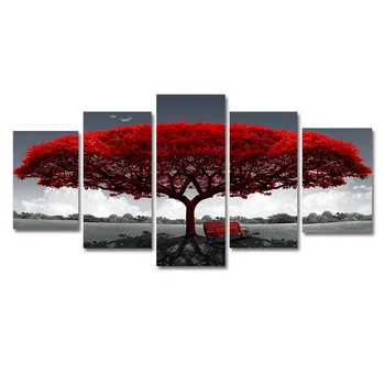 Sodobna Platno, Slike, HD Natisne 5 Kosov Rdeče Drevo Rdeče Klopi Krajine Doma Dekor Steno Umetnosti Slikarstva Plakat Brez Okvirja