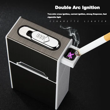 Novo 2 in1 Cigaret Primeru Windproof Dvojno Loka Lažji USB za Polnjenje Električni Vžigalnik Lahko Imajo 20 Cigaret, Vžigalniki Kajenje