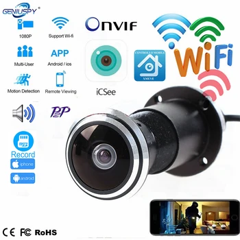 Onvif Vrata Oči Luknjo Varnosti 1080P HD 1.78 mm Objektiv Wide Angle FishEye CCTV Omrežja Mini Luknjo Vrata WifI IP Kamera P2P TF Kartica