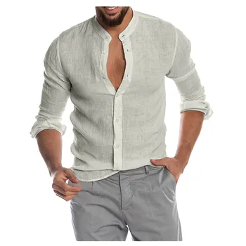 Moda za Moške Priložnostne O-Vratu Gumb Trdna Plaži z Dolgimi Rokavi Top Bluzo