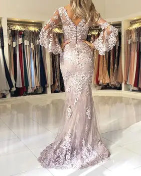 Lila Muslimanskih Večerno Obleko z Rokavi vestidos largos Čipke Beaded Islamske Dubaj Libanon morska deklica Elegantno Dolgo Večerno obleko