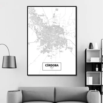 Kordobi, Argentina Črno Bel Meri Svetovni Zemljevid Mesta Plakat Platno, Tisk Skandinavski Slog Wall Art Doma Dekor Stenski Dekor