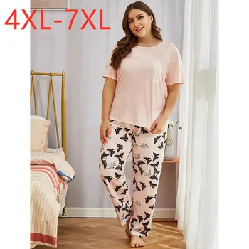 Ženske pomlad jesen plus velikost pižame za ženske, kratek rokav roza print majica s kratkimi rokavi in dolge hlače domov nositi obleko 4XL 5XL 6XL 7XL