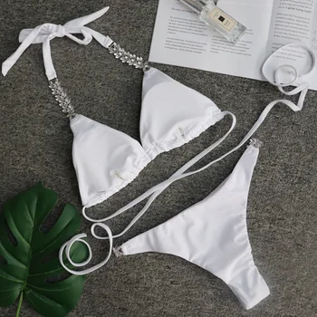 Seksi Kristalno Bikini 2020 Ženske Bele Kopalke ženske križ Kopalke bandeau Dveh kosov bikini komplet Plažo kopalke Biquini