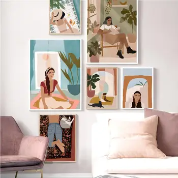 Moda povzetek očala dekle cvet rastlinskih listov mačka ilustracije wall art platno slikarstvo Nordijska plakatov in fotografij dnevna soba