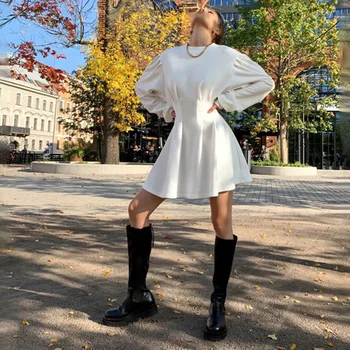 WannaThis A-linija Obleke Ženske, Višina Pasu Dolge Luči Rokav Mini Stranka Obleke, Casual Bela Vitek Pas Seksi Jeseni leta 2020