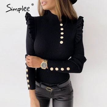 Simplee Prugasta visoko vratu žensk pletenje pulover Ruffle slim black dolgimi rokavi Pulover High street style pozimi nov pulover