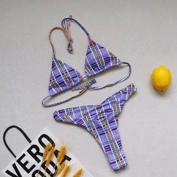2021 Nove Seksi Ženske Bikini Kopalke Kariran Tiskanja Kopalke Ženske High Cut Biquini Brazilski Kopalke Plažo, Plavanje Obleko