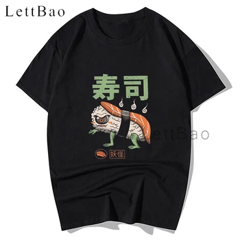 Kawaii NEKO SUŠI Anime Risanke Moški Tshirt Natisnjeni Črno Pari T-shirt Oversize Harajuku Unisex Majica za Moške Majice za Fantje