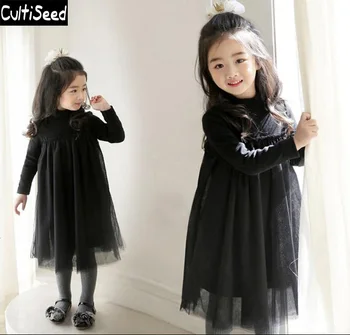 2020 Pozimi, Jeseni Dekleta Gaza Neto preja Preplete Dolg Rokav Osnovna Obleko Otrok Turtleneck Črna Princesa Stranka Obleko