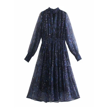 2021 Za Šifon Bohemian Tiskanja Midi Obleka Ženske Pomladni Vintage Naguban Ženska Obleka Z Dolgimi Rokavi Elastični Pas Počitniške Vestidos