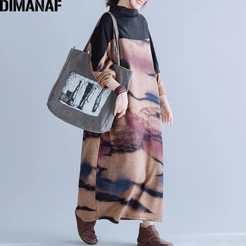 DIMANAF Plus Velikost Ženske obleke Pletenje Bombaž Jeseni Oversize Kitajski Slog Svoboden Ženski Lady Vestidos Print Maxi Dolgo Obleko Nova