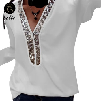 Harajuku Ulične T Shirt Bleščica Vetement Femme 2021 Moda 5xl Tshirt Globoko V Vratu T Shirt Z Dolgimi Rokavi Priložnostne Roza