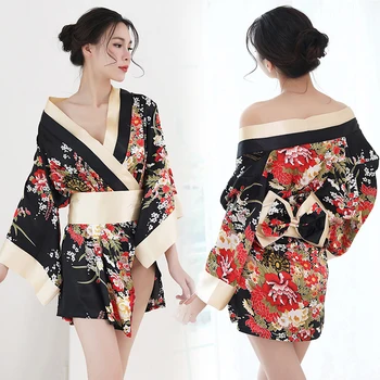 Črna seksi kimonos obleko Japonskem slogu Češnje cvetovi cosplay tradicionalni Japonski kimono ženska, kopalni plašč gejša oblačila