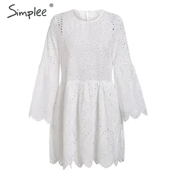 Simplee A-line vezenje ženske obleko Elegantno votlih iz flare rokav bombaž žensko obleko O-vratu boho beli poletni obleki 2019
