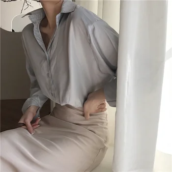 2019 korejska Različica Poletje Slim Enotni-zapenjanje Rokavi Ženske Harajuku Dolg Rokav River Svoboden Sladko Elegantne Dame Majica