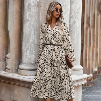 Pomlad Dolg Rokav Midi Obleka Ženske Leopard Tiskanja Slim Bela Priložnostne Ženska Obleke Nov Prihod 2021 Poletje Elegantno Vestidos