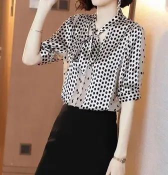 Polka Dot Vzorcem Delo Šifon Shirt Ženski Proti-vrat Čipke Lok Hong Kong Retro Pet-točka Rokav Bluzo Puloverju Žensk Pomlad