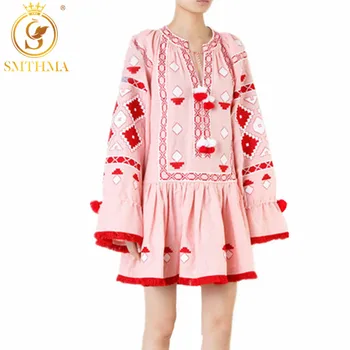 SMTHMA 2020 Ženske Letnik Etnične Cvet Vezenje Obleko Bombaž Perilo Tunika Priložnostne Obleko Hipi Boho Ljudi Obleko