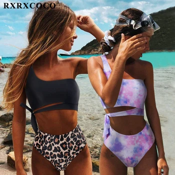 RXRXCOCO Bikini Visoko Pasu Kopalke Ženske Push Up Plažo Kopalke Ženska Seksi, Plavanje Obleko Leopard Eno Ramo Ženske Bikini