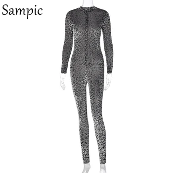 Sampic Modni Črno Seksi O Vratu Dolgimi Rokavi Ženske Leopard Jumpsuits Klub Suha Ženska Igralne Obleke Outwear Playsuit Jeseni Leta 2020