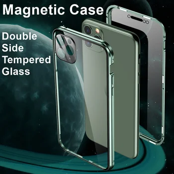 Kovinski Magnetni Adsorpcije Primeru Telefon Za iPhone 11 Pro XS Max Dvojno Stranicami, Kaljeno Steklo Kritje Za iPhone 7 8 6 6s Plus XR