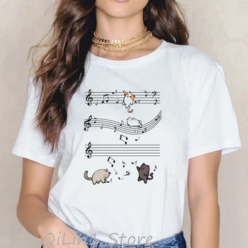 Moda Vagary Ženske Tshirt Ustvarjalne Glasbe Opomba Tee Zlo Mačke Darilo Cat majica smešno Glasba Mačka T-Shirt Tiskanje Priložnostne Vrh Tees