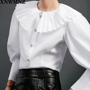 XNWMNZ za Žensko Ogrlicom ovratnik Gumb dekoracijo Belo Srajco Femme Dolg rokav Bluzo Priložnostne Gospa Loose Vrhovi Delavska Blusas